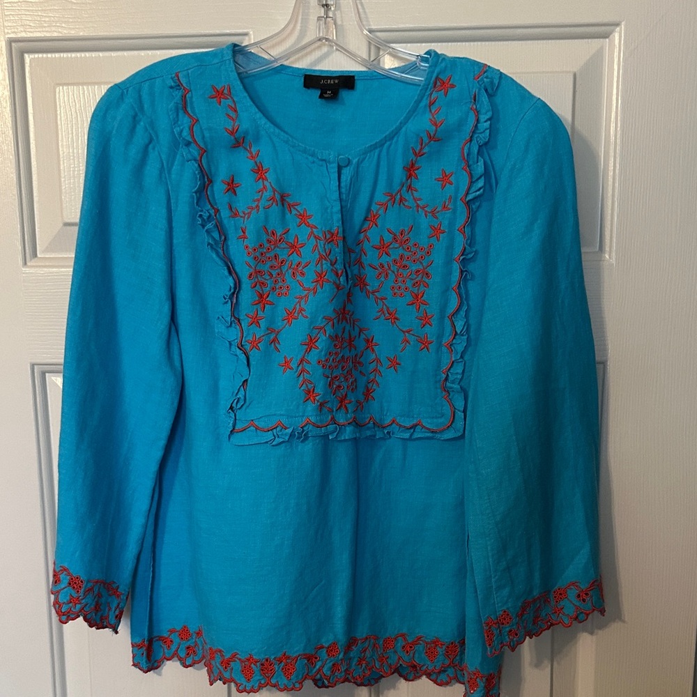 JCrew Turquoise Blouse with Red Embroidery